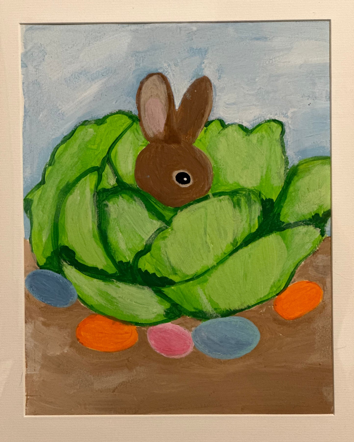 Original framed painting of bunny in cabbage. 11x14 frame.