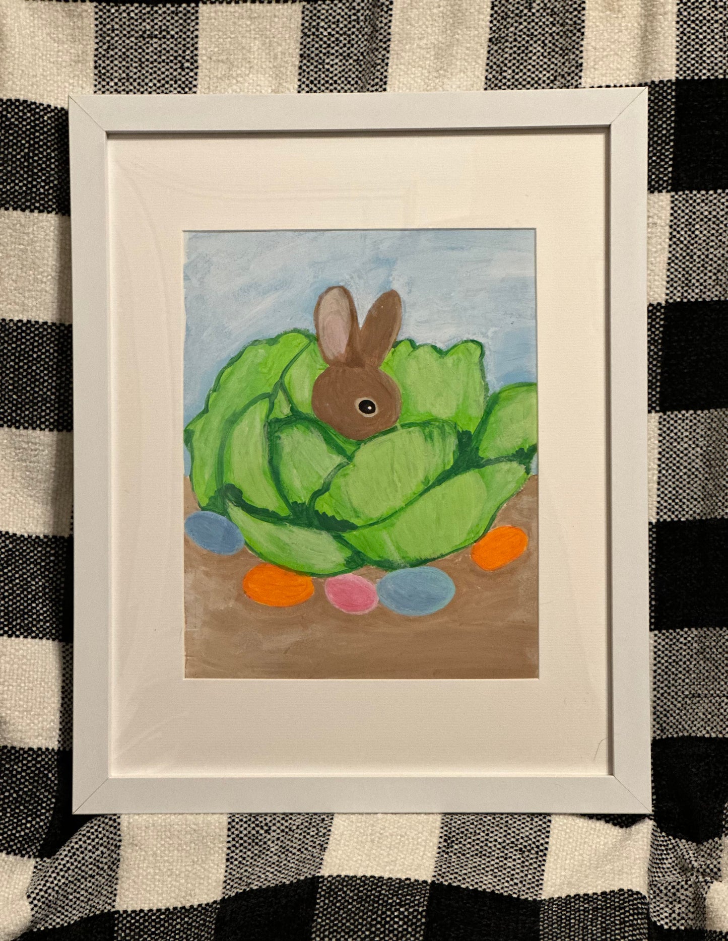 Original framed painting of bunny in cabbage. 11x14 frame.