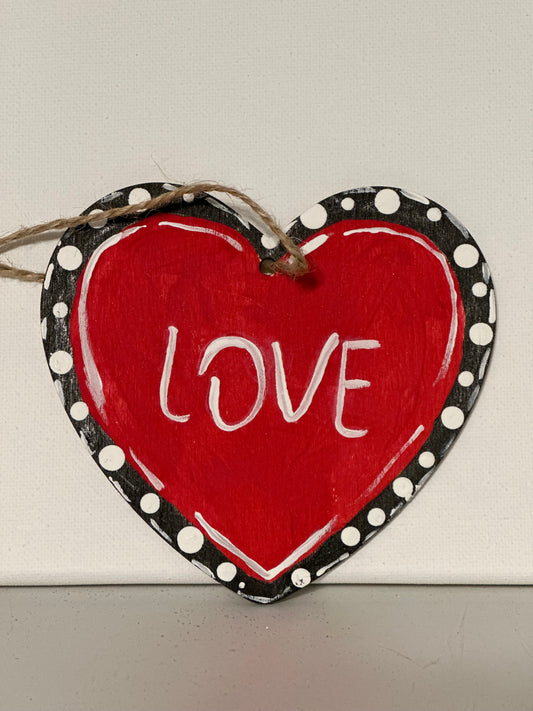 Valentines Love Heart Ornament on Wood. 4.5 inches wide.