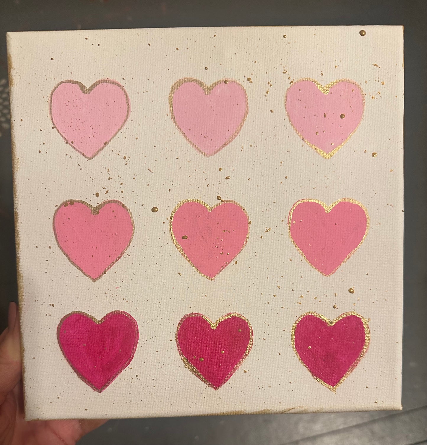 9 Pink Hearts on Canvas