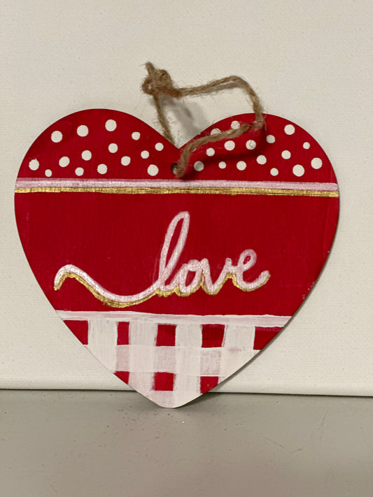 Valentines Love Heart Painted Ornament on Wood. 4.5 inches wide